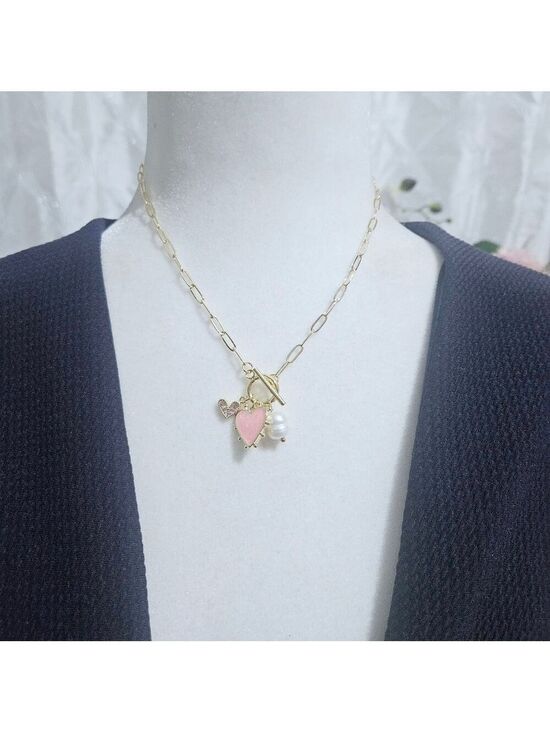 Unbranded Jewelry - Fashion Pink Heart/Pearl Paperclip Chain Pendant Necklace